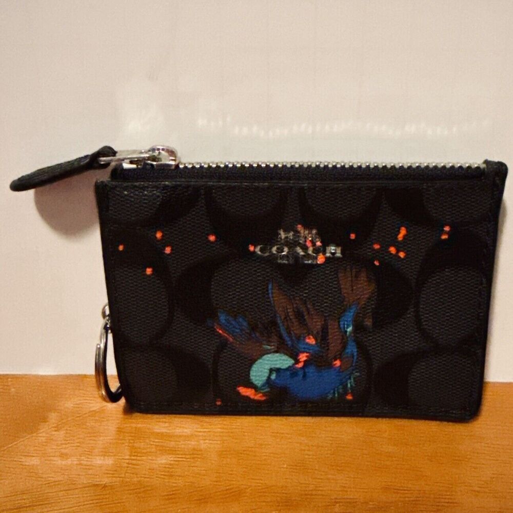 Coach Wallet Bird Print Black Smoke Signature ID Case Holder Canvas Small F23616